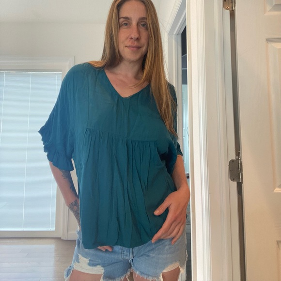 Blue Dolman Sleeved Flowy V Neck Blouse - Picture 2 of 5